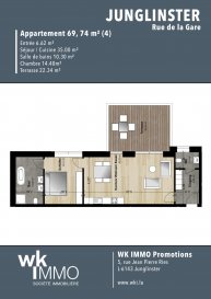 Découvrez cet appartement exceptionnel à vendre à Junglinster, Luxembourg, proposé par WK IMMO PROMOTIONS sarl. Ce bien immobilier unique, disponible uniquement sur athome.lu, est une opportunité à ne pas manquer.

Détails de la propriété: Cet appartement moderne propose une chambre, une salle de bain, et une surface habitable de 69,74 m². Profitez de son espace extérieur avec une grande terrasse de 21,79 m² pour des moments de détente en plein air.
 Un parking intérieur est inclus pour votre commodité. De plus, l'immeuble est équipé d'un ascenseur et d'une salle de buanderie pour plus de confort. La propriété sera disponible à partir du 15 juillet 2026. Avec une classe énergétique A, ce bien est à la fois écologique et économique grâce à son système de chauffage par pompe à chaleur et son plancher chauffant intégrés, tout en bénéficiant d'une connexion Internet par fibre optique.

Installations à proximité: Située dans la charmante ville de Junglinster, cette propriété bénéficie d'un environnement agréable et dynamique. Vous trouverez à proximité des établissements scolaires de qualité, divers commerces, et une offre variée de restaurants. La région dispose aussi de parcs pour des loisirs en plein air et d'excellentes infrastructures de santé. De plus, les options de transport facilitent les déplacements au quotidien, vous assurant ainsi une vie moderne et pratique.

Ne laissez pas passer cette opportunité exceptionnelle! Prenez rendez-vous pour une visite en nous contactant via le formulaire de contact ou par téléphone dès aujourd'hui.