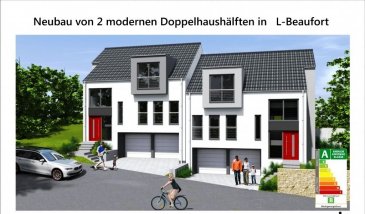 Situé à Beaufort, en pleine ceinture verte de la Ville du Luxembourg, votre cadre de vie sera entouré de réserves naturelles et de forets.
Une maison jumelée en future construction, avec une surface habitable de 178m² sur un terrain de 3,78 ares à Beaufort. La maison se compose comme suit :

Rez-de-chaussée :
-Hall d'entrée avec vestiaire 
-Cuisine ouverte sur salle à manger profitent d'une grande baie vitrée qui donne sur la terrasse et le jardin avec une vue imprenable sur la nature
-Un séjour généreux
-WC séparé
-Bureau

1er étage :
-Hall de nuit 
-3 chambres à couche dont une avec dressing
-Salle de bains
 
Sous-sol : 
-Double garage 
-Cave
-Local technique 

Ce bien sera construit afin de répondre aux normes d'une maison (triple vitrage châssis en PVC, chauffage, VMC double flux etc....) et disposera de finitions soignées au choix du futur acquéreur.
Les prix s'entendent avec 3% de TVA incluse.
Classe énergétique A/B

Pour toute information supplémentaire veuillez nous contacter par mail à l‘adresse info@newhomeimmo.lu ou par téléphone au numéro 621500637.

