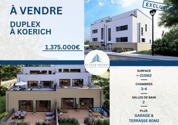 ENCORE 1 UNITE DISPONIBLE !!!
75% DU PROJET SONT DEJA VENDUS !

Contactez-nous au +352 621 323 867 pour toutes les informations

En exclusivité chez Active Invest :

Vente à Koerich d'un Duplex-Penthouse Haut de Standing de 216,50m2 avec deux énormes Terrasses (77m2) dans un endroit idyllique (rue à sens unique/ situation géographique exclusive)

Vente en l’état futur d'achèvement (VEFA). 
LE PRIX DE CONSTRUCTION N'EST PAS INDEXE.

C’est l’endroit le plus exclusif de Koerich!

Vous avez besoin de  5min jusqu’à Cappellen ou Steinfort et 10min jusqu’à Mamer (European School)


L'appartement-Duplex se trouve dans une maison bi-familiale libre de 4 côtés qui dispose d'un appartement au Rez-de-Jardin avec ascenseur et avec terrasse & jardin privatif et d’un Duplex-Penthouse avec ascenseur privatif et des énormes terrasses-balcons.

Réservez dès maintenant votre Duplex-Penthouse de rêve 

Caractéristiques de l’appartement Duplex-Penthouse :

- Hall d’entrée

- Grand Séjour avec cuisine ouverte et accès directe sur la 1ière terrasse-balcon.

- Salle de douche

- WC séparé

- Plusieurs chambres à coucher (3 à 4 chambres selon besoin= adaptions suivant les souhaits du client) dont accès aux terrasses-balcons.

- Emplacement intérieur et extérieur inclus 

- Grande cave de +- 20m2 inclus




Actuellement, il est encore possible de changer les dispositions des intérieurs des appartements.

Les appartements RDJ/Duplex-Penthouses seront livrés «clés en main

De nombreuses options et possibilités de personnalisation sont offertes pour chaque logement afin de permettre à chacun de définir l'ambiance, les couleurs ou encore les matériaux qui correspondent à ses envies.

L'ensemble de ces paramètres sont définis dans le cahier des charges de la construction, selon le type de logement envisagé.

Chaque lot dispose d'au moins une terrasse, d'un balcon et/ou d'un jardin privatif.

Spécificités techniques :

- Ascenseur

- Ventilation contrôlée double flux

- Chauffage au sol

- Châssis PVC Triple vitrage

- Stores électriques

- Finitions haut de gamme

Les résidences seront érigées dans une rue à sens unique à Koerich, à deux pas du centre-ville/école primaire et proche des centres commerciaux/ d'un parc / des promenades et avec excellent accès aux grands axes de circulation. De plus à 5min de Cappellen & Stengefort et à 10min de Mamer.


Des modifications et choix des matériaux sont possibles.

Prix exactes et cahier des charges sur demande.


Acheter du neuf c’est avoir la garantie et la tranquillité pour des années.

Acheter dans une de ces deux maisons bi-familiales vous donne la possibilité d'intégrer vos idées/préférences dans votre futur logement 



Schwätze Lëtzebuergesch: All Informatiounen kennt dir gären och op Lëtzebuergesch kréien!

Spreche Deutsch: Alle Informationen können Sie gerne auch auf Deutsch bekommen!

Speak English: We can provide you all the Information in English!


*Les représentations graphiques sont à titre indicatifs et non contractuelles.
