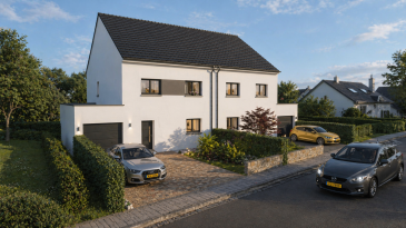 Nous vous propose une maison unifamiliale de standing, construite selon les règles de l'art, dans un environnement résidentiel soigné. D'architecture contemporaine à toit en pente, la maison développe une surface habitable nette de 131,66 m², répartie sur deux niveaux, avec garage intégré et terrasse. Rez-de-chaussée ? 64,58 m² :

Séjour / Salle à manger lumineux de 43,66 m² ? espace de vie ouvert en connexion directe avec la terrasse ouest. Cuisine ouverte (emplacement prévu). Entrée 3,50 m², dégagement 5,15 m², placard 1,26 m². Buanderie de 9,41 m². WC indépendant 1,60 m². Garage de 21,76 m² avec porte sectionnelle automatique Hörmann. Terrasse béton exposée ouest de ~20 m² avec finition grès cérame 60×60 sur plots.

Étage ? 67,08 m² :

4 chambres : 13,42 m² / 13,19 m² / 11,88 m² / 12,67 m². Salle de bain complète de 7,57 m² (baignoire 180×80 cm Villeroy & Boch + douche Hansgrohe Activera S). Salle d'eau de 2,30 m². Dégagement de 6,05 m².

Prestations & équipements inclus

Structure & enveloppe

- Maçonnerie blocs béton lourd, fondations béton armé hors gel.
- Isolation thermique extérieure (ITE) 160 mm polystyrène graphité ? U-wert = 0,13 W/m².K.
- Triple vitrage à faible émissivité 48 mm ? U-wert < 1,00 W/m².K.
- Menuiseries PVC 7 chambres Rehau / Schüco, finition anthracite extérieur / blanc intérieur.
- Volets roulants électriques aluminium anthracite sur fenêtres annotées VR.
- Toiture tuiles béton gris mat, charpente industrielle traitée.
- Toiture terrasse garage : complexe isolant bi-couche étanche.

Confort thermique & énergétique

- Pompe à chaleur Viessmann Vitocal 150-A avec ballon ECS 190 L intégré.
- Chauffage par le sol sur toute la surface habitable, régulation thermostatique pièce par pièce.
- Ventilation mécanique contrôlée double flux avec échangeur thermique.
- Passeport énergétique classe AAA ? conformité RGD performance énergétique.

Finitions intérieures

- Carrelage 60×60 dans toutes les pièces de vie (hors chambres), plinthes assorties.
- Parquet stratifié 8 mm + sous-couche dans toutes les chambres.
- Faïence murale toute hauteur en salle de bain et salle d'eau.
- Tablettes intérieures en marbre poli.
- Plafonds plâtre 13 mm, enduit de finition, 2 couches peinture plafonds incluses.
- Peinture murs : 1 couche impression incluse (2e couche finition en option).

Sanitaires (marques)

- Meuble vasque 120 cm Van Marcke + robinetterie Hansgrohe Zesis S.
- Baignoire 180×80 cm Villeroy & Boch O.Novo Design.
- Douche Hansgrohe Activera S, bac 90×90 cm.
- 2 WC suspendus Villeroy & Boch Architectura, commande Tece Teceloop.
- Lave-mains Villeroy & Boch.

Électricité

- Installation conforme normes DIN-VDE 18015-2 et CREOS.
- Tableau central avec micro-disjoncteurs et différentiels 30 mA.
- Prises RJ45 en séjour, salle à manger et toutes les chambres.
- Points lumineux et prises complets dans toutes les pièces.

Les visuels présentés sont des représentations 3D non contractuelles. Les plans validés seront déposés à l'administration communale de Käerjeng pour demande d'autorisation de bâtir. Le prix affiché est TVA mixtes inclus sous réserve de l'acceptation de l'Administration de l'enregistrement, des domaines et de la TVA.

Situation
Idéalement implantée sur le Boulevard J.-F. Kennedy, artère principale de Bascharage, cette maison neuve en VEFA bénéficie d'une localisation de premier ordre au cœur de la commune de Käerjeng, dans le canton de Capellen. Bascharage est situé sur l'axe Luxembourg?Paris, au carrefour entre le bassin minier et les vallées verdoyantes du canton de Capellen, offrant un cadre de vie résidentiel, calme et verdoyant. Accessibilité :

Autoroute A13 et route nationale N5 à quelques minutes ? Luxembourg-Ville, Esch-sur-Alzette et la Grande Région accessibles rapidement. Gare de Bascharage?Sanem à proximité immédiate ? liaisons directes sur le réseau CFL national. Transports en commun TICE et RGTR desservant la commune. Accès direct vers la Belgique via la N31 ? idéal pour les frontaliers.

À proximité : commerces, écoles, services communaux, zone industrielle Robert Steichen
