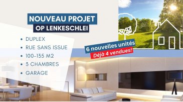 Contact +352 621 323 867

Active Invest a le grand plaisir de vous présenter son nouveau projet qui se compose de 3 maisons bi familiales idéalement situé à Dudelange dans la rue très prisée « Op Lenkeschléi ». 

Chaque maison bi familiale se compose d'un duplex rez-de-jardin et d'un penthouse. 

Les duplex vous offrent : 
- Une surface approximative allant de 100m² à 135m² 
- Une terrasse de +/- 30m2 
- Un jardin privatif 
- 3 chambres à coucher (modifiable) 
- 2 Salles de bain (modifiable) 
- Emplacement intérieur et cave. 

Les penthouses se composent comme suit : 

- Une surface approximative allant de 100m² à 140m² 
- Un balcon de +/- 25m2 
- 3 chambres à coucher (modifiable) 
- 2 Salles de bain (modifiable) 
- Emplacement intérieur et cave. 

La situation géographique exceptionnelle de ce bien vous offre une vue dégagée dans la nature vers l'arrière, ainsi qu'une vie agréable et calme dans une rue sans issue. 

Notre nouveau projet Op Lenkeschléi se trouve au coeur d'un quartier résidentiel, sur les hauteurs de la ville de Dudelange à côté du Parc Leih, proche de la nouvelle école primaire 