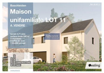 Maison construite en Poroton, d\'une surface habitable net de 140m2, composée comme suit:
Rez-de-chaussée: Hall avec  WC séparé, spacieux living avec cuisine ouverte donnant sur la grande terrasse et le jardin.
1ier étage: 3 chambres, salle de bains, salle de douche (les deux avec mobiliers de bains), local technique.
2ième étage: grenier faisant 58 m2
Garage pour 2 voitures, 2 emplacements extérieurs.
Finitions intérieurs personnalisables.
Constructeur: Majerus Parmentier Constructions sàrl, connu pour la qualité irréprochable de ses construction et son service après-vente garanti.
Le prix affiché comprend 3% de TVA


Ref agence : 726119