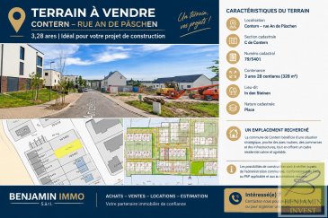 TERRAIN À VENDRE À CONTERN ? 328 m² ? 15, AN DE PÄSCHEN

Benjamin IMMO vous propose à la vente un terrain situé au 15, An de Päschen, L-5314 Contern.

Un emplacement idéal pour concrétiser votre projet immobilier

Situé dans un quartier résidentiel moderne et agréable, ce terrain d'une superficie de 3,28 ares (328 m²) représente une belle opportunité pour réaliser votre projet immobilier au sein de la commune recherchée de Contern.

Vous profiterez d'un environnement résidentiel soigné, composé de constructions récentes, tout en bénéficiant d'une situation pratique à proximité des principaux axes routiers et des commodités de la région.

Caractéristiques du terrain :
Adresse : 15, An de Päschen, L-5314 Contern
Commune : Contern
Section cadastrale : C de Contern
Numéro cadastral : 79/5401
Superficie : 3 ares 28 centiares (328 m²)
Lieu-dit : In den Steinen
Nature cadastrale : Place

La commune de Contern séduit par son cadre résidentiel, sa proximité avec Luxembourg-Ville et son accès aux infrastructures, commerces et services de la région. Elle offre un cadre de vie agréable pour celles et ceux qui souhaitent réaliser un projet immobilier dans un environnement moderne.

Les possibilités de construction sont confirmé par l'administration communale, conformément aux dispositions urbanistiques applicables, notamment le PAG et le PAP en vigueur.

Pour tout renseignement complémentaire ou pour organiser un rendez-vous, contactez BENJAMIN IMMO S.à r.l.

ACHATS ? VENTES ? LOCATIONS ? ESTIMATION