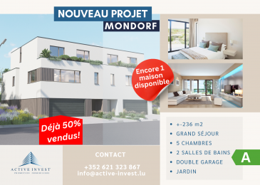 Sur les deux maisons neuves en vente, une est d'ores et déjà vendue. Il reste une dernière opportunité disponible.

Exclusivement chez ACTIVE INVEST

Maison neuve haut standing à Mondorf-les-Bains
Découvrez cette magnifique maison unifamiliale, aux finitions haut de gamme, située dans un quartier résidentiel calme et prisé de Mondorf-les-Bains. Offrant des volumes généreux, une architecture moderne et un excellent confort de vie, cette propriété se déploie sur trois niveaux avec terrasses, garage double et espace fitness (possible).

Agencement de la maison :
Rez-de-jardin / sous-sol (+/-110m2)
Garage double 
Salle de fitness ou chambres à coucher avec SDB
Buanderie 
Chaufferie 
Hall d'entrée 

Rez-de-chaussée (+/-110m2)
Cuisine ouverte entièrement équipée  
Salle à manger lumineuse 
Séjour spacieux avec accès terrasse 
Bureau/ Chambre (possible) ou agrandissement du séjour 
WC séparé 
Débarras 
Grande terrasse (31,50 m²)
Jardin 

Étage (zone nuit) (+/-110m2)
Suite parentale avec dressing et salle de bain privative 
Deux autres chambres 
Salle de bain commune 
Terrasse (21,01 m²)

Des importantes modifications de l'agencement et les  choix des matériaux sont possibles.

Spécificités techniques :
Chauffage au sol
Ventilation double flux
Pompe à chaleur
Châssis PVC triple vitrage
Stores électriques
Finitions haut de gamme
Doubles emplacements intérieurs
Ascenseur possible

Localisation idéale :
Située dans un quartier calme et verdoyant à Mondorf-les-Bains
Proche des commerces, écoles (nouvelle école européenne), crèches et transports en commun
À deux pas de la forêt, du parcours sportif et de toutes commodités
Accès rapide vers Luxembourg-Ville, Schengen, Remich,

Plans disponibles sur demande
Contactez-nous dès maintenant pour une visite :
 info@active-invest.lu
+352 621 323 867


Nous construisons avec des entreprises solvables ! 
Nous garantissons l'achèvement de la construction !  
Nombreuses achèvement les dernières années ! 
Veuillez-nous contactez, on a plusieurs chantiers en cours. Vous pouvez voir l'évolution de nos récents chantiers (VEFA).