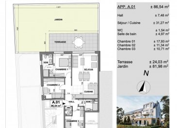 Immo Nordstrooss vous propose un appartement de haut standing à vendre une petite résidence de 4 unités. <br>La résidence se trouve dans un quartier calme et désirable de Bonnevoie, proche des écoles, salle de sports, commerces et transports. Parking disponible sur la rue. <br><br>L\'appartement de /- 106m2 se compose comme suite:<br>- rez de chaussée: <br>- living, cuisine,<br>- 3 chambres a coucher, <br>- 2 sdb, <br>- WC séparé, <br>- grande terrasse avec jardin, <br>- grande baie vitrée donnant sur jardin, <br><br>Prix: 1171000 (TVA 3%) avec parking disponible au sous sol<br><br>Pour plus de renseignements veuillez nous contacter au 691 850 805.