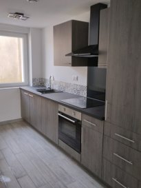 Très bel appartement entièrement rénové, idéalement situé, proche des axes routiers.
Comprenant cuisine équipée (four, plaque de cuisson, hotte l'ensemble neuf) ouverture sur salon-séjour, un WC et un placard.
A l'étage une chambre, un petit bureau, une salle de bains douche et WC.
Chauffage électrique, fenêtre double vitrage. 
Petite terrasse à l'arrière. Stationnement à proximité.
