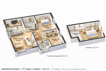 Appartement Duplex 3 chambres à vendre - Résidence entièrement rénovée à Echternach  
Route de Luxembourg (N11)  
House For You vous propose dans une petite et charmante résidence de seulement 4 unités (2 appartements, 1 duplex et 1 commerce) avec ascenseur, idéalement située à Echternach, sur la Route de Luxembourg, un appartement moderne et fonctionnel.  Les superficies indiquées actuellement ne sont pas définitives. Elles pourront être modifiées une fois que le cadastre vertical aura été réalisé.

La résidence bénéficie d'une situation privilégiée, à proximité immédiate du centre-ville, des commerces, écoles et transports, tout en offrant un accès rapide aux principaux axes routiers vers Luxembourg-Ville et la frontière allemande.  
Appartement N°3 : +/- 96,09 m²  
3ieme étage plus combles : 3 chambres  
Il se compose comme suit :  
Hall d'entrée avec distribution optimisée 11,06 m²  
Spacieux séjour lumineux avec cuisine ouverte, +/- 39,08 m²  
3 chambres confortables : +/- 10,46 m², 10.74 m², 18,00 m² (combles)  
Salle de bain moderne avec douche et WC - 5.07m²  
WC séparé- 1.68m²  
Cave privative  
Les résidents bénéficient également de :  
Local des poubelles  
Local Technique  
Local vélos  
Buanderie commune  
Les atouts du bien  
- Résidence entièrement rénovée  
- Petite copropriété calme  
- Idéal pour famille ou investissement locatif  
- Appartement lumineux et bien agencé  
Localisation et accessibilité :  
Situé sur la Route de Luxembourg (N11), le bien profite d'une excellente accessibilité :  
Accès rapide vers Luxembourg-ville, à quelques minutes de la frontière allemande (Echternach / Echternacherbrück). Arrêts de transports en commun à proximité. Proche de commerces, restaurants et services. À proximité : Écoles et crèches, Centre historique d'Echternach, Supermarchés et infrastructures sportives. Région Mullerthal ? idéale pour les activités de plein air  
Dossier complet, plans et informations complémentaires sur simple demande.  
House Four You ? info@h4u.lu ? gsm: +352 691 951 782