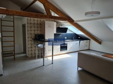 Bel appartement meublé, faisant 75 m2, au centre de Kehlen. Immeuble très calme.<br>Description: Grand séjour avec cuisine équipée, chambre à coucher, salle de douche, mezzanine à hauteur réduite avec grande fenêtre battante, pouvant servir de bureau ou espace de  couchage pour visiteurs. En ouvrant grandement la fenêtre on à un effet de mini terrasse en toiture!  <br>Parking extérieur privatif et cave.<br>Grand parking public adjacente.<br>