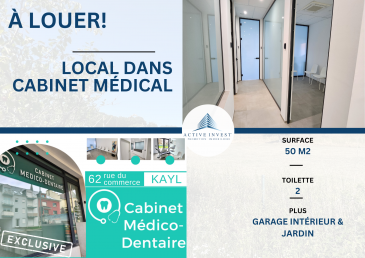 Contactez nous au 621 323 867

En exclusivité chez ACTIVE INVEST : 

Location de la dernière salle de pratique moderne (pour toute sorte de médecins, pratique...), spacieux et très lumineux, situés au rez-de-chaussée d'un nouvel cabinet médico dentaire construite en 2023, au centre-ville de la commune de Kayl (proche de Tétange, Schifflange, Bettembourg, Dudelange) 

Cette salle privative peut être utilisable pour le dentaire ou toutes autres professions médicales.

Le cabinet dispose des nouvelles fauteuils Stern S200 (non inclus pour cette pièce), nouvelle radio rétro-alvéolaire avec bureau et équipement informatique), une réception et salle d'attente, une salle de stérilisation équipé avec Autoclave, laveur automatique par ultrasons, 1 salle de radiographie avec céphalométrie, 1 salle technique avec compresseur et pompes à salives, 2 WC public et privé (accès handicapé), ainsi que plusieurs places de parking privés, souterraines accessible en direct avec l'ascenseur. 

Situé à l'entrée de Kayl, à proximité de la pharmacie et laboratoire d'analyses, le cabinet se trouve à quelques minutes du centre-ville et de la gare, disposant d'un arrêt de bus devant la porte allant vers Dudelange, Tétange-Rumelange, Schifflange/Esch-sur-Alzette et Luxembourg-Ville. 

Accès rapides aux réseaux autoroutiers (collectrice du sud) vers la Belgique/France et l'Allemagne ainsi que l'A4 vers Luxembourg-ville. 

Accessibilité : 
- Situé au RDC 
- Ascenseur 
- Accessible fauteuils roulants 
- Parking souterrain privé et public 

Équipement : 
- Local équipé (meubles, matériel...) 
- Raccordement internet 
- Présence lavabo dans chaque pièce 
- Présence WC 
- Salle d'attente 
- Radiographie certifié 

Pour plus de renseignements sur la location et pour prendre rendez-vous pour une visite, veuillez nous contacter svp: info@active-invest.lu  /// 621 323 867  
Parle Français, Spreche Deutsch, Speak English
