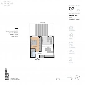 Luxembourg-Ville

Quartier prisé MERL

Résidence GIULIA aux finitions hauts standing en future construction.
La démolition de l'ancienne bâtisse et le terrassement sont déjà accomplis.

Ce très bel appartement à une chambre à coucher du rez-de-chaussée  possède une surface habitable de 50,14m2 se positionne à l'arrière de la bâtisse.

Dès son entrée, le hall distribue avec courtoisie l'ensemble du logement. 
La salle de douche entièrement équipée avec évier et WC est accessible à partir du hall d'entrée.

Arriver à la pièce de vie Living / salle à manger / cuisine, cette pièce est bénit de lumière naturelle avec ses baies vitrées s'ouvrants sur la terrasse arrière de la résidence.

La grande chambre à coucher donne également accès à la terrasse arrière.

Une cave et un parking intérieur sont également fournis avec l'appartement n°2.

Un local pour vélo et poussette, ainsi qu'une buanderie sont accessibles à la partie commune de la résidence Giulia.

TVA mixte à 3% sous condition d'acceptation de votre dossier par l'administration de l'enregistrement, des domaines et de la TVA.
 
Pour toutes questions ou demandes d'informations, n'hésitez pas à nous contacter, nous serons toujours à votre service.

Agence ELSA'HOME à votre écoute pour la concrétisation de vos projets en toute confiance.

--------------------------------------------------------------------

Luxembourg City

Sought-after MERL district

The GIULIA residence, featuring high-end finishes, is under construction.

Demolition of the old building and site preparation are already complete.

This beautiful one-bedroom ground-floor apartment offers 50.14 m² of living space and is located at the rear of the building.

Upon entering, the hall provides a welcoming entrance to the entire apartment.

The fully equipped shower room with sink and toilet is accessible from the entrance hall.

The open-plan living/dining/kitchen area is bathed in natural light thanks to its French doors opening onto the rear terrace of the residence.

The spacious bedroom also provides access to the rear terrace.

A cellar and an indoor parking space are included with apartment #2.

A bicycle and stroller storage area, as well as a laundry room, are available in the common area of ??the Giulia residence.

A 3% VAT rate applies, subject to approval of your application by the tax authorities.

Mixed VAT at 3% subject to acceptance of your application by the registration, domains and VAT administration.

For any questions or information requests, please don't hesitate to contact us; we are always at your service.

ELSA'HOME Agency is here to listen to you and help you realize your projects with complete confidence.