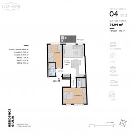 Luxembourg-Ville

Quartier prisé MERL

Résidence GIULIA aux finitions hauts standing en future construction.
La démolition de l'ancienne bâtisse et le terrassement sont déjà accomplis.

Ce très bel appartement à deux chambres à coucher du deuxième étage possède une surface habitable de 71.04m2. 
Ce logement à le privilège d'être traversant de la bâtisse.

La chambre enfant, ainsi que l'espace de vie living son qui s'ouvre sur le balcon sont positionnés à la façade arrière de la bâtisse qui est le Sud.

La chambre parentale positionnée à l'avant de la résidence est munie d'une salle de douche privative

Dès son entrée, le hall distribue avec courtoisie l'ensemble du logement. 
La salle de douche entièrement équipée avec évier et WC est accessible à partir du hall d'entrée.

Arriver à la pièce de vie Living / salle à manger / cuisine, cette pièce est bénit de lumière naturelle avec ses baies vitrées s'ouvrants sur le balcon arrière donnant vu au jardin.

Une cave et un parking intérieur sont également fournis avec l'appartement n°4.

Un local pour vélo et poussette, ainsi qu'une buanderie sont accessibles à la partie commune de la résidence Giulia.

TVA mixte à 3% sous condition d'acceptation de votre dossier par l'administration de l'enregistrement, des domaines et de la TVA.
 
Pour toutes questions ou demandes d'informations, n'hésitez pas à nous contacter, nous serons toujours à votre service.

Agence ELSA'HOME à votre écoute pour la concrétisation de vos projets en toute confiance.

--------------------------------------------------------------------
Luxembourg City

Sought-after MERL district

The GIULIA residence, featuring high-end finishes, is under construction.

Demolition of the old building and site preparation are already complete.

This beautiful two-bedroom apartment on the second floor offers 71.04 m² of living space.

This apartment benefits from a dual aspect.

The children's bedroom and the living room, which opens onto the balcony, are located on the south-facing rear facade.

The master bedroom, situated at the front of the residence, has an en-suite shower room.

Upon entering, the lobby provides a welcoming entrance to the entire apartment.

The fully equipped shower room, complete with sink and toilet, is accessible from the entrance hall.

Upon entering the open-plan living/dining/kitchen area, you'll find yourself bathed in natural light thanks to its French doors opening onto the rear balcony overlooking the garden.

A cellar and indoor parking space are also included with apartment #4.

A bicycle and stroller storage area, as well as a laundry room, are available in the communal area of ??the Giulia residence.

Mixed VAT rate of 3% subject to approval of your application by the Land Registry, Property and VAT Administration.

For any questions or information requests, please do not hesitate to contact us; we are always at your service.

ELSA'HOME Agency is here to help you realize your projects with complete confidence.