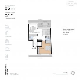 Luxembourg-Ville

Quartier prisé MERL

Résidence GIULIA aux finitions hauts standing en future construction.
La démolition de l'ancienne bâtisse et le terrassement sont déjà accomplis.

Ce très bel appartement-penthouse à une chambre à coucher du troisième et dernier étage de la résidence, possède une surface habitable de 56.43m2. 
Ce logement à le privilège d'être le seul logement du dernier plateau avec l'arrivé de l'ascenseur directement dans l'appartement.

Dès son entrée, le hall distribue avec courtoisie l'ensemble du logement. 

Un WC séparé sera apprécié par vos invités.

La salle de douche entièrement équipée avec deux éviers et WC est accessible à partir du hall d'entrée.

Arriver à la pièce de vie Living / salle à manger / cuisine, cette pièce est bénit de lumière naturelle avec ses baies vitrées s'ouvrants sur la terrasse Sud arrière donnant vu au jardin .

La grande chambre à coucher bénéficiant d'une seconde terrasse se projette sur l'avant de la résidence.

Une cave et un parking intérieur sont également fournis avec l'appartement n°5.

Un local pour vélo et poussette, ainsi qu'une buanderie sont accessibles à la partie commune de la résidence Giulia.

TVA mixte à 3% sous condition d'acceptation de votre dossier par l'administration de l'enregistrement, des domaines et de la TVA.
 
Pour toutes questions ou demandes d'informations, n'hésitez pas à nous contacter, nous serons toujours à votre service.

Agence ELSA'HOME à votre écoute pour la concrétisation de vos projets en toute confiance.

--------------------------------------------------------------------
Luxembourg City

Sought-after MERL district

The GIULIA residence, featuring high-end finishes, is under construction.

Demolition of the old building and site preparation are already complete.

This beautiful one-bedroom penthouse apartment on the third and top floor of the residence offers 56.43 m² of living space.

This apartment has the unique advantage of being the only one on the top floor with direct elevator access.

Upon entering, the lobby provides a welcoming entrance to the entire apartment.

A separate WC will be appreciated by your guests.

The fully equipped shower room with two sinks and a WC is accessible from the entrance hall.

Entering the open-plan living/dining/kitchen area, this space is bathed in natural light thanks to its large windows opening onto the south-facing rear terrace overlooking the garden.

The large bedroom, which opens onto a second terrace, overlooks the front of the building.

A cellar and indoor parking space are also included with apartment #5.

A bicycle and stroller storage room, as well as a laundry room, are available in the common area of ??the Giulia residence.
 
Mixed VAT rate of 3% subject to approval of your application by the Land Registry, Property and VAT Administration.

For any questions or information requests, please do not hesitate to contact us; we are always at your service.

ELSA'HOME Agency is here to help you realize your projects with complete confidence.