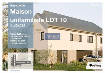Maison construite en Poroton, d\'une surface habitable net de 155m2, composée comme suit:
Rez-de-chaussée: Hall avec  WC séparé, espace bureau, débarras, spacieux living avec cuisine ouverte donnant sur la grande terrasse et le jardin.
1ier étage: 3 chambres, salle de bains, salle de douche (les deux avec mobiliers de bains), débarras, local technique.
2ième étage: grenier faisant 65 m2
Garage pour 2 voitures, 2 emplacements extérieurs.
Finitions intérieurs personnalisables.
Constructeur: Majerus Parmentier Constructions sàrl, connu pour la qualité irréprochable de ses construction et son service après-vente garanti. 
Le prix affiché comprend 3% de TVA


Ref agence : 726118