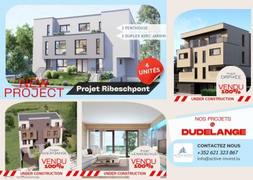 50% déjà vendu/réservé!

Nouvelle Résidence à Dudelange-Ribeschpont.
En exclusivité chez Active Invest :

Vente de deux Penthouse avec Terrasses et Balcons et 2 Appartements Duplex-RDJ avec Terrasses et Jardin privatif dans le quartier Ribeschpont.

C'est le quartier le plus exclusive de Dudelange!

Chaque appartement se trouve dans une maison bi-familiale qui dispose d'un appartement au Rez de Jardin avec terrasse et jardin privatif et un Duplex-Penthouse avec ascenseur privatif et des grandes terrasses-balcons.

Vous pouvez dès maintenant réserver votre appartement de rêve dans une des deux maisons !

Caractéristique de chaque appartement :

-Hall d'entrée avec ascenseur privatif pour les Duplex-Penthouse

- 3-4 chambres à coucher avec possibilité de SDB privative et accès aux balcons

- Débarras

- SDB/SDD

- WC séparé

- Grand Séjour avec cuisine ouverte (possibilité cuisine fermée) et accès au Terrasses-Balcons. 

-Différentes adaptions personnelles disponibles

Actuellement, il est encore possible de changer les dispositions des intérieurs des appartements. Les plans seront changés au désir de l'acquéreur.

Les appartements RDJ/Duplex-Penthouses seront livrés «clés en main

De nombreuses options et possibilités de personnalisation sont offertes pour chaque logement afin de permettre à chacun de définir l'ambiance, les couleurs ou encore les matériaux qui correspondent à ses envies.

L'ensemble de ces paramètres sont définis dans le cahier des charges de la construction, selon le type de logement envisagé.

Chaque lot dispose d'au moins une terrasse, d'un balcon et/ou d'un jardin privatif.

Spécifiés techniques :

- Ascenseur

- Ventilation contrôlée double flux avec récupération de chaleur

- Chauffage au sol

- Châssis PVC Triple vitrage

- Stores électriques

- Finitions haut de gamme

-Emplacements intérieurs

-Local Vélo et Poubelle intérieure

-Façade isolante

Garantie :
- Garantie décennale et biennale fournie par Le Foyer Assurances

Les résidences seront érigées dans une rue exceptionnelle à Dudelange, à deux pas du centre-ville/école primaire Ribeschpont et proche des centres commerciaux/ d'un parc / des promenades et avec excellent accès aux grands axes de circulation.

Des modifications et choix des matériaux sont possibles.

Excellente situation géographique à Dudelange :
- A quelques minutes de la Gare de Dudelange-Burange (trains + bus / ligne directe le matin et soir pour Luxembourg-Ville))
- A quelques minutes du Centre Sportif René Hartmann (salle de sport, fitness, piscines etc)
- A quelques minutes du Lycée Nic Biever et des écoles primaires 
- A quelques minutes du centre de Dudelange-Ville (contre commerciale, shared space, commune etc)
- De plus, proche de la Poste, Maison relais, Crèche, nombreuses - Restaurants etc
- Excellent accès aux grands axes de circulation.

Acheter du neuf c'est avoir la garantie et la tranquillité pour des années.

Acheter dans une de ces deux maisons bi-familiales vous donne la possibilité d'intégrer vos idées/préférences dans votre futur logement 

Vous trouvez également toutes les informations pratiques de la ville de Dudelange sur : www.ondiraitlesud.lu / www.dudelange.lu

Nous construisons avec des entreprises solvables !
Nous garantissons l'achèvement de la construction !

Veuillez-nous contactez, on a plusieurs chantiers en cours. Vous pouvez voir l'évolution de nos récents chantiers (VEFA) à Dudelange et ailleurs !


Schwätze Lëtzebuergesch: All Informatiounen kennt dir gären och op Lëtzebuergesch kréien!
Spreche Deutsch: Alle Informationen können Sie gerne auch auf Deutsch bekommen!
Speak English: We can provide you all the Information in English!